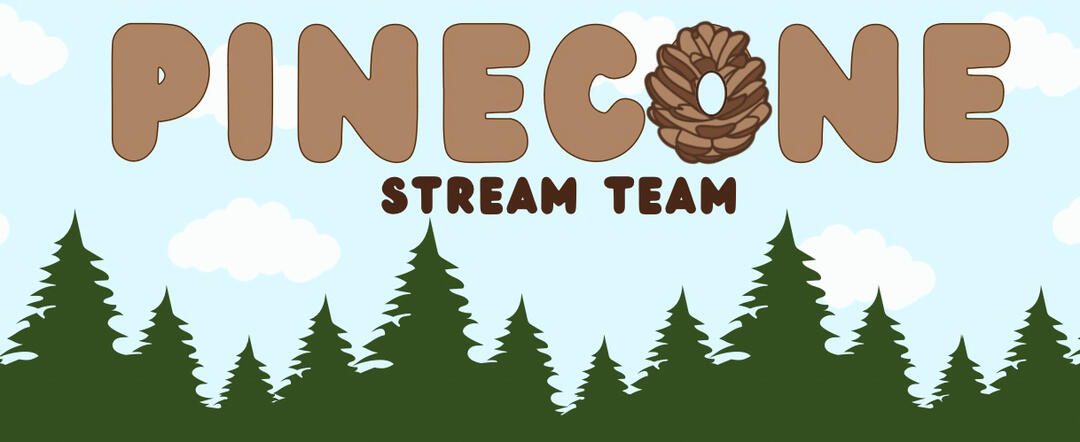 Pinecone stream team logo with pine trees in the background and a blue sky.